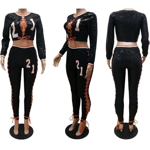 Shane Justin 2 Pieces Sequins Lace Up  Bodycon Top/Pants  Tracksuit Outfits Set - Picture 3 of 11